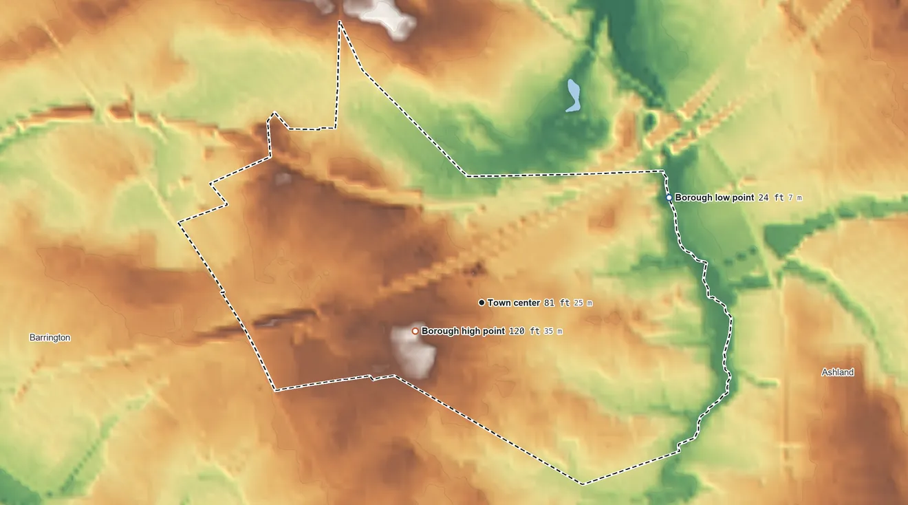 Topographic elevation map of Lawnside, New Jersey, shaded from 24 ft on the northeast side to 120 ft near the middle