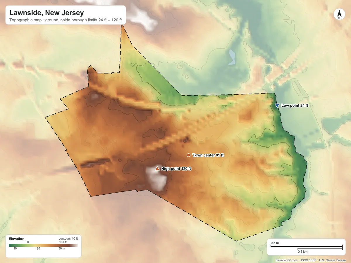 Topographic elevation map of Lawnside, New Jersey, shaded from 24 ft on the northeast side to 120 ft near the middle
