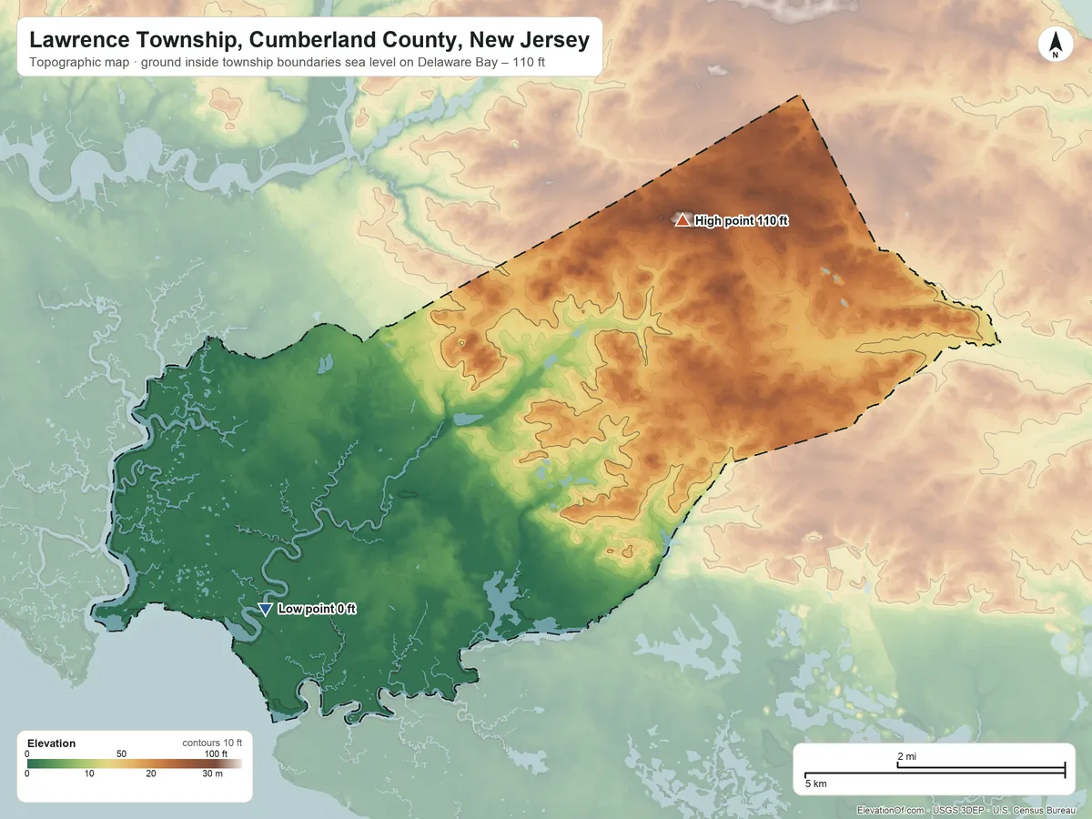 Topographic elevation map of Lawrence Township, Cumberland County, New Jersey, shaded from sea level level on Delaware Bay to 110 ft on the northeast side