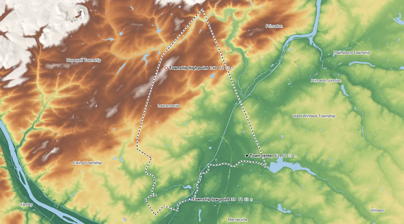 Topographic elevation map of Lawrence Township, New Jersey, shaded from 39 ft on the southwest side to 240 ft on the northwest side