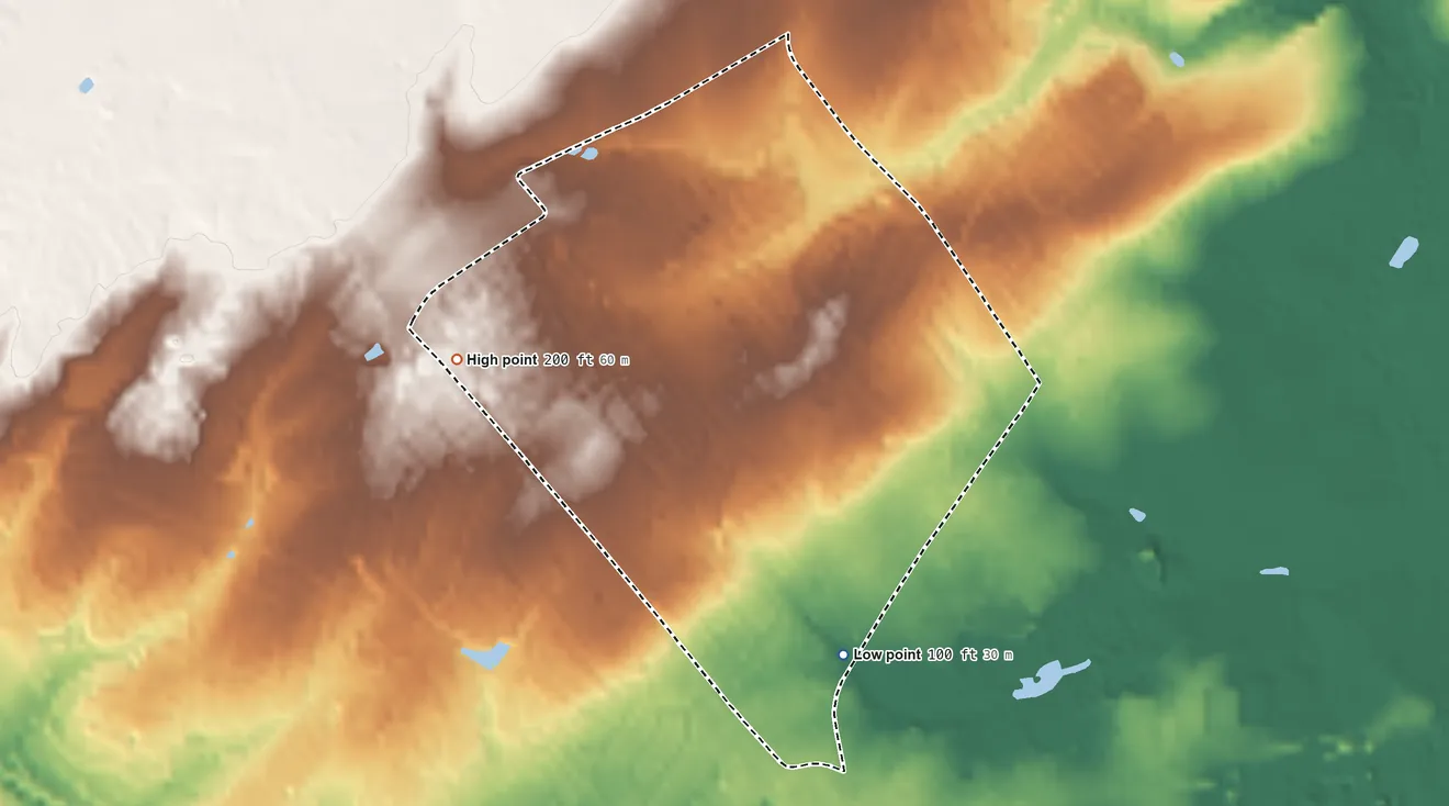 Topographic elevation map of Lawrenceville, New Jersey, shaded from 100 ft on the south side to 200 ft on the west side