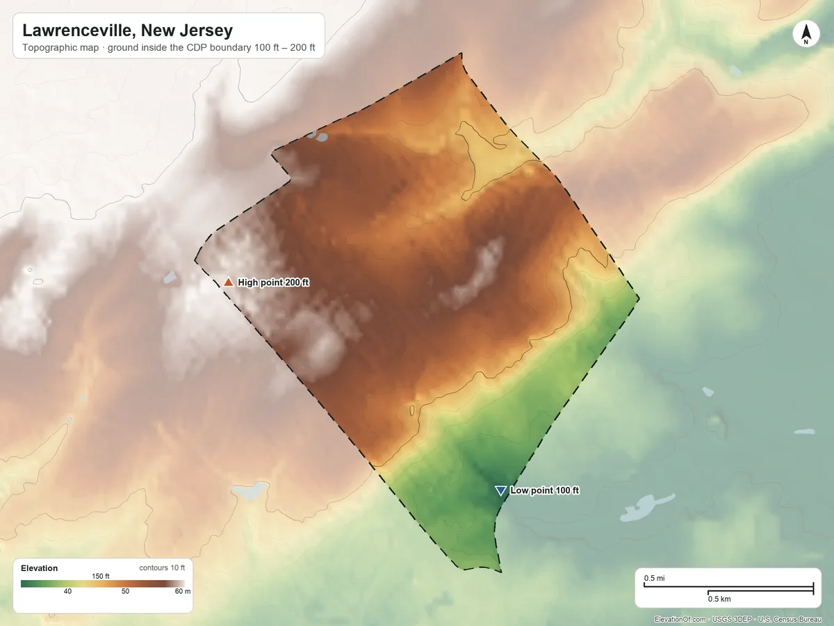 Topographic elevation map of Lawrenceville, New Jersey, shaded from 100 ft on the south side to 200 ft on the west side