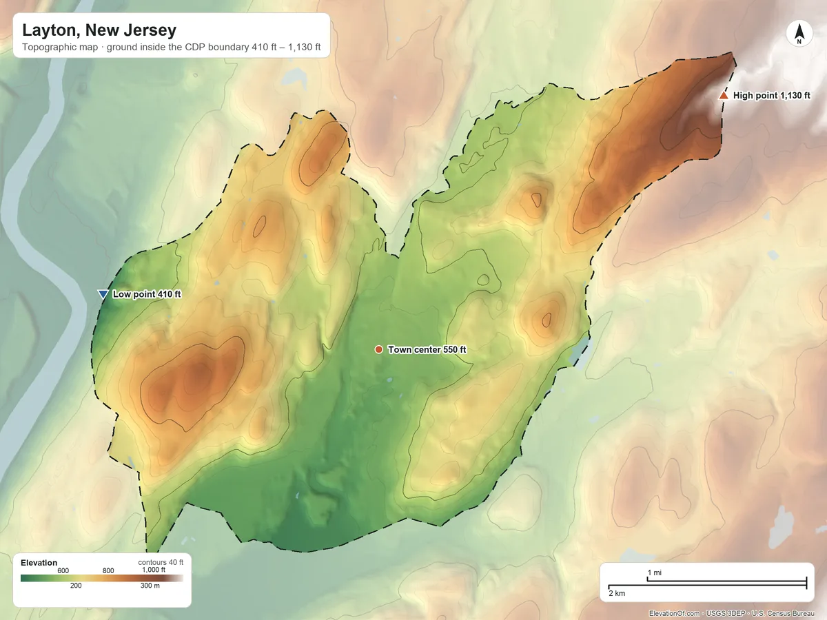 Topographic elevation map of Layton, New Jersey, shaded from 410 ft on the west side to 1,130 ft on the northeast side