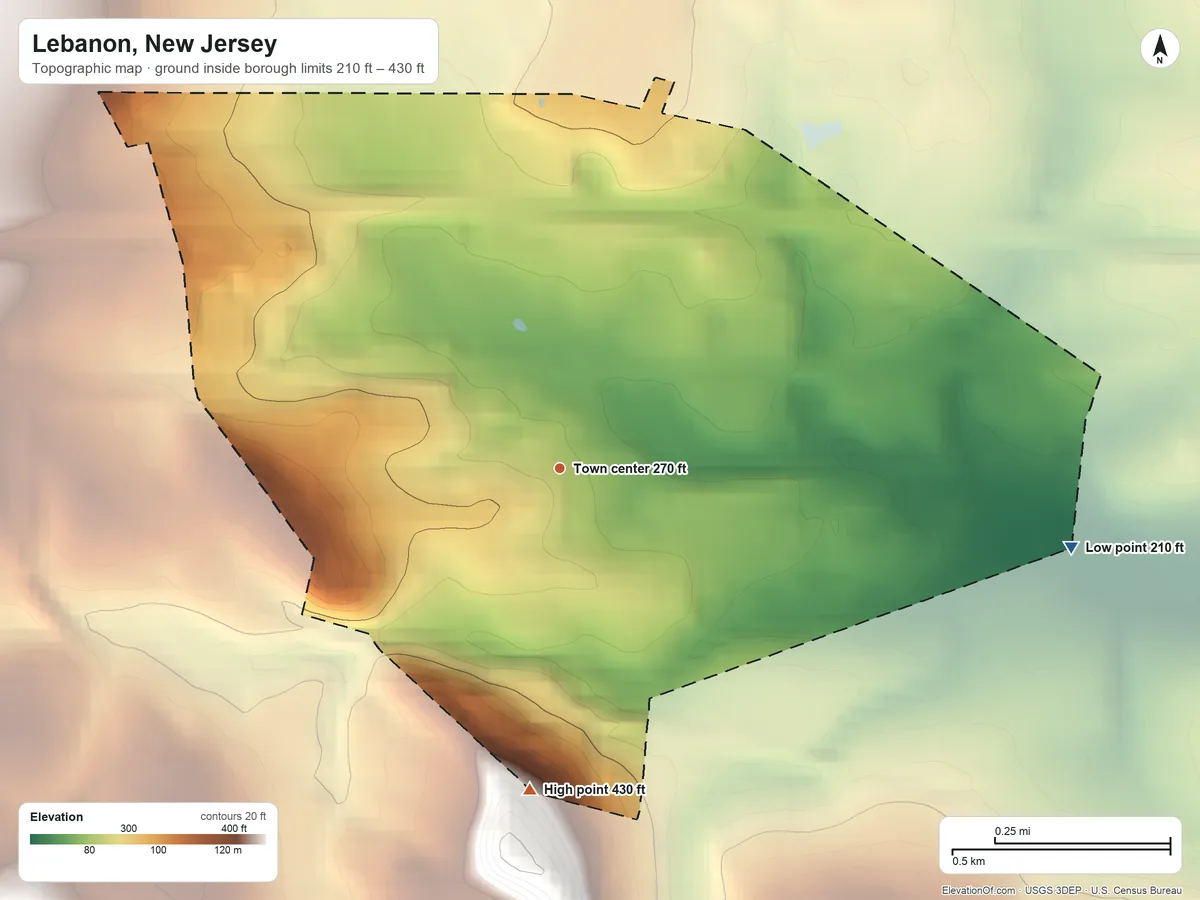 Topographic elevation map of Lebanon, New Jersey, shaded from 210 ft on the east side to 430 ft on the south side