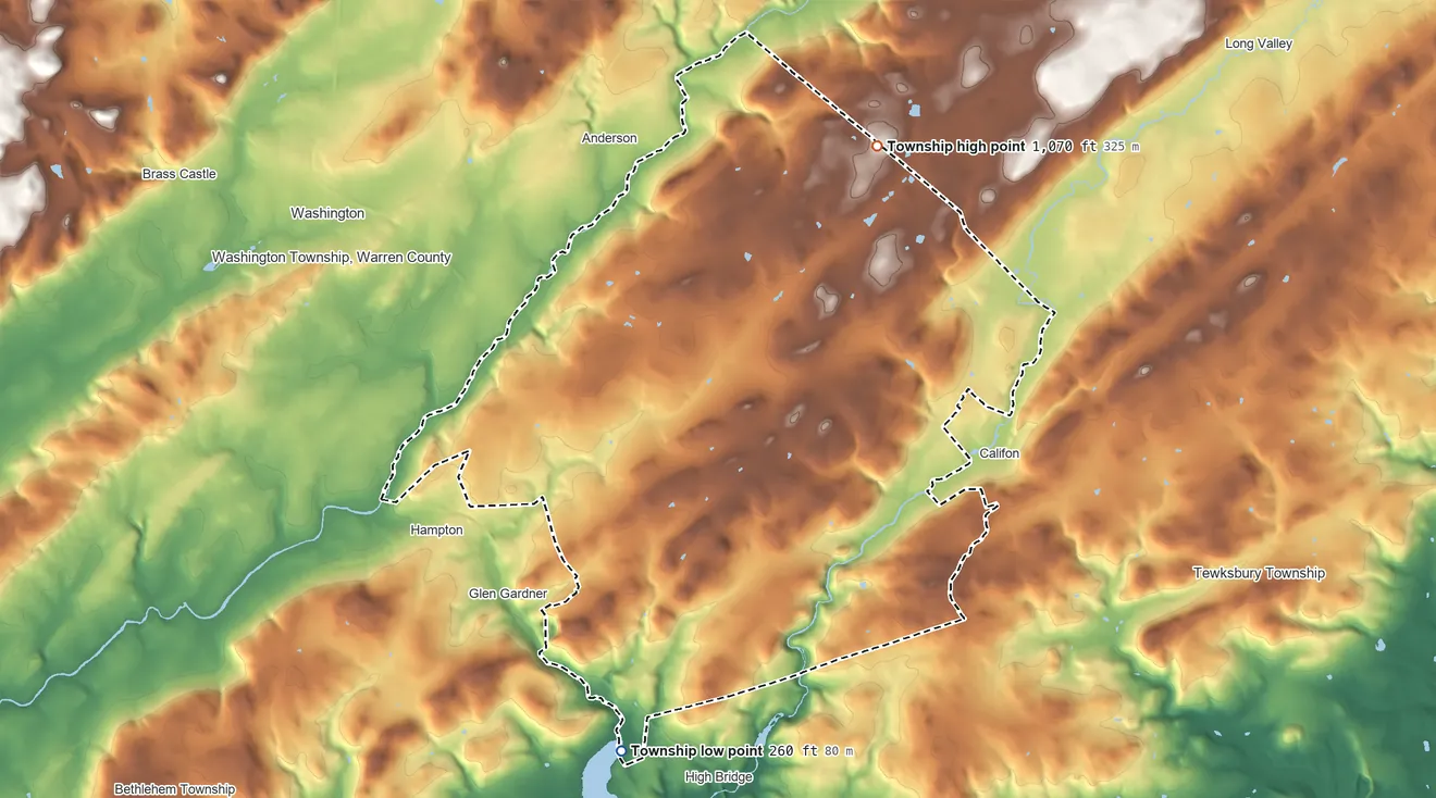 Topographic elevation map of Lebanon Township, New Jersey, shaded from 260 ft on the south side to 1,070 ft on the northeast side
