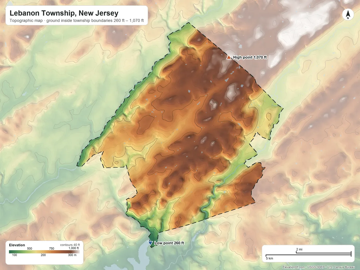 Topographic elevation map of Lebanon Township, New Jersey, shaded from 260 ft on the south side to 1,070 ft on the northeast side