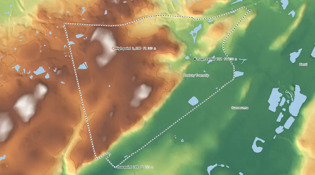 Topographic elevation map of Ledgewood, New Jersey, shaded from 700 ft on the southwest side to 1,200 ft on the west side