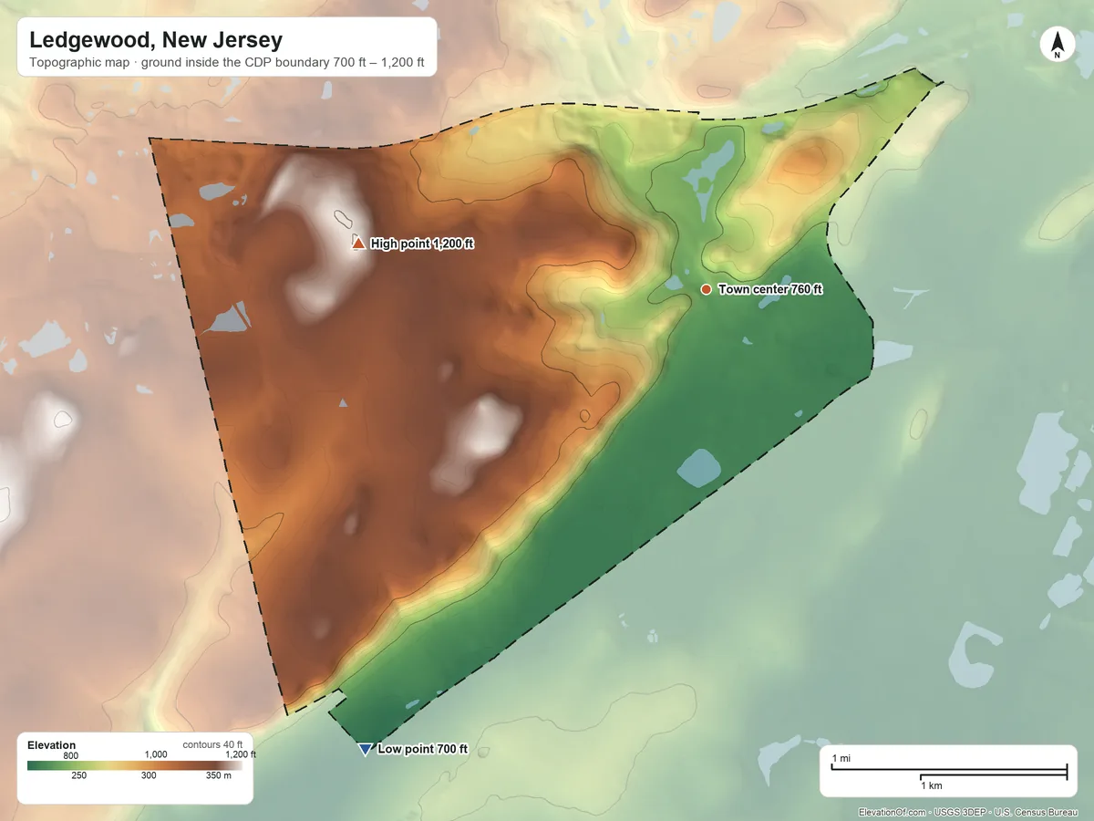 Topographic elevation map of Ledgewood, New Jersey, shaded from 700 ft on the southwest side to 1,200 ft on the west side