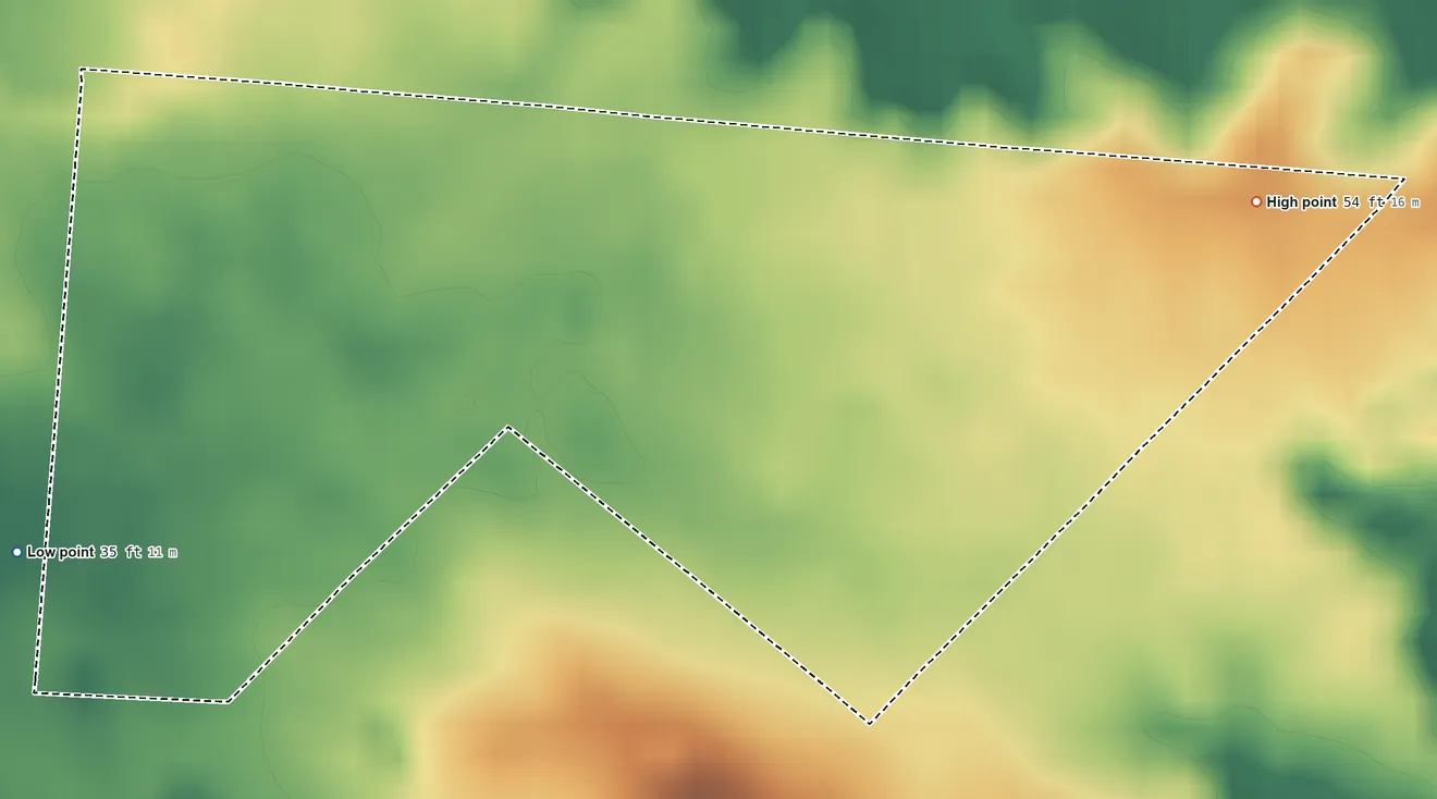 Topographic elevation map of Leeds Point, New Jersey, shaded from 35 ft on the west side to 54 ft on the east side
