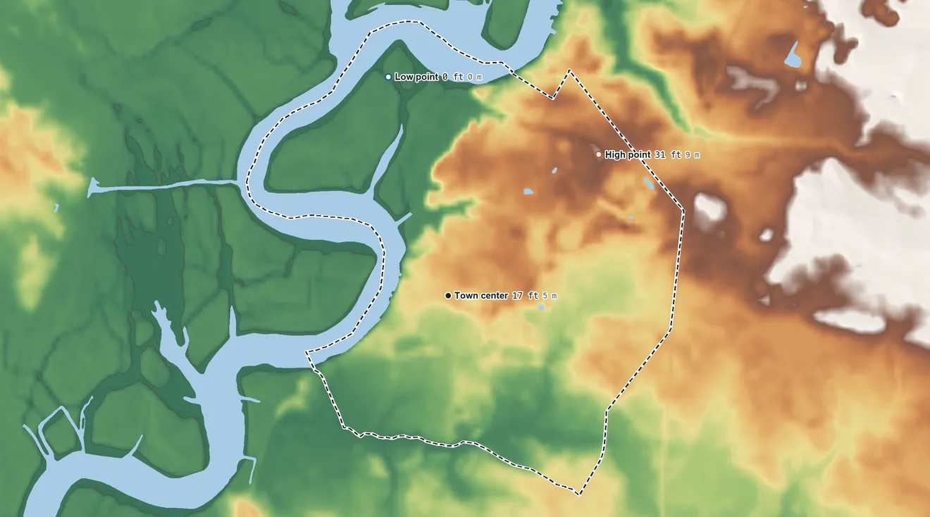 Topographic elevation map of Leesburg, New Jersey, shaded from 0 ft on the north side to 31 ft on the northeast side