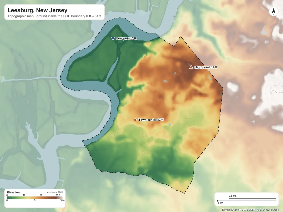 Topographic elevation map of Leesburg, New Jersey, shaded from 0 ft on the north side to 31 ft on the northeast side