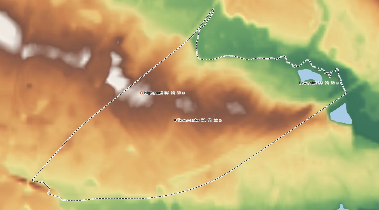Topographic elevation map of Leisure Knoll, New Jersey, shaded from 38 ft on the east side to 90 ft on the northwest side