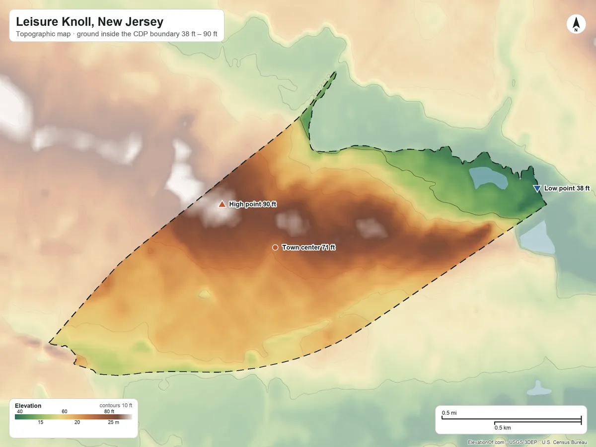 Topographic elevation map of Leisure Knoll, New Jersey, shaded from 38 ft on the east side to 90 ft on the northwest side