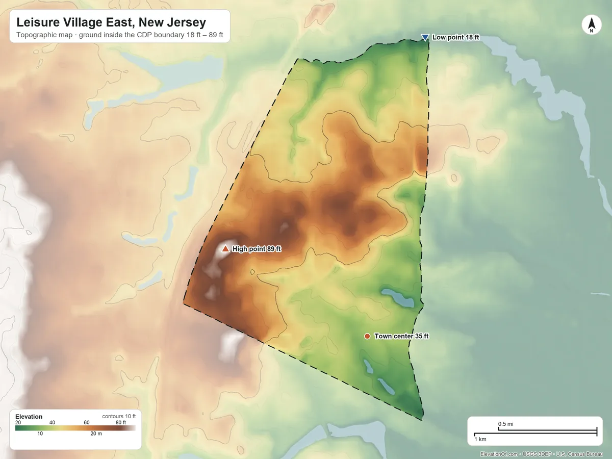 Topographic elevation map of Leisure Village East, New Jersey, shaded from 18 ft on the north side to 89 ft on the northwest side
