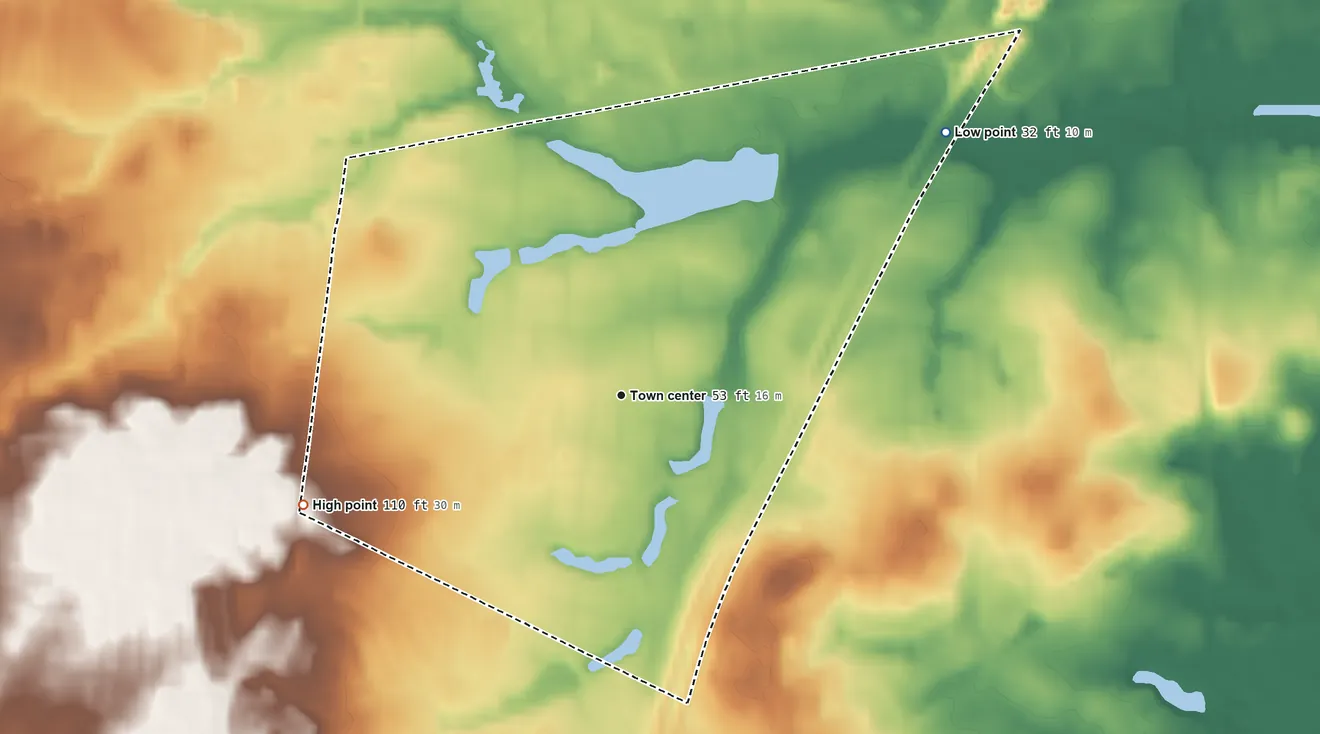Topographic elevation map of Leisure Village, New Jersey, shaded from 32 ft on the northeast side to 110 ft on the west side