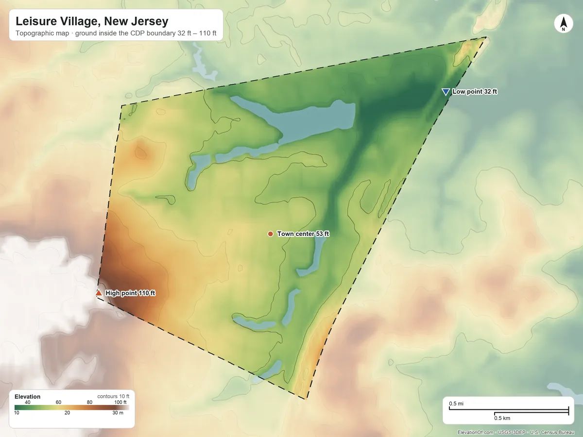 Topographic elevation map of Leisure Village, New Jersey, shaded from 32 ft on the northeast side to 110 ft on the west side