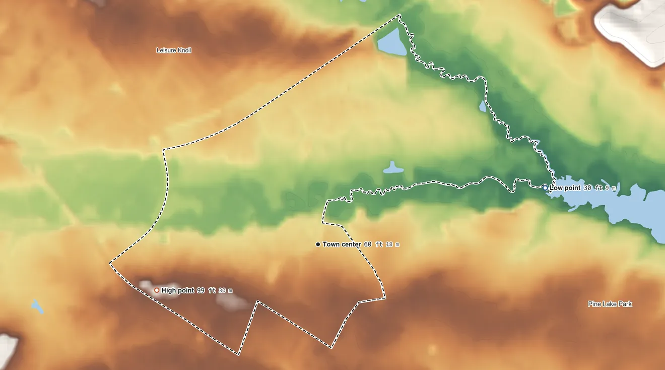 Topographic elevation map of Leisure Village West, New Jersey, shaded from 30 ft on the east side to 99 ft on the west side