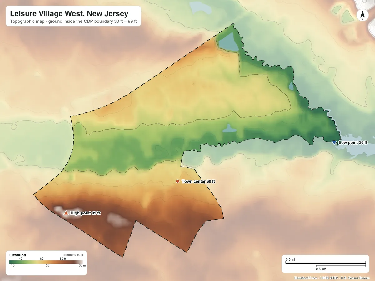 Topographic elevation map of Leisure Village West, New Jersey, shaded from 30 ft on the east side to 99 ft on the west side