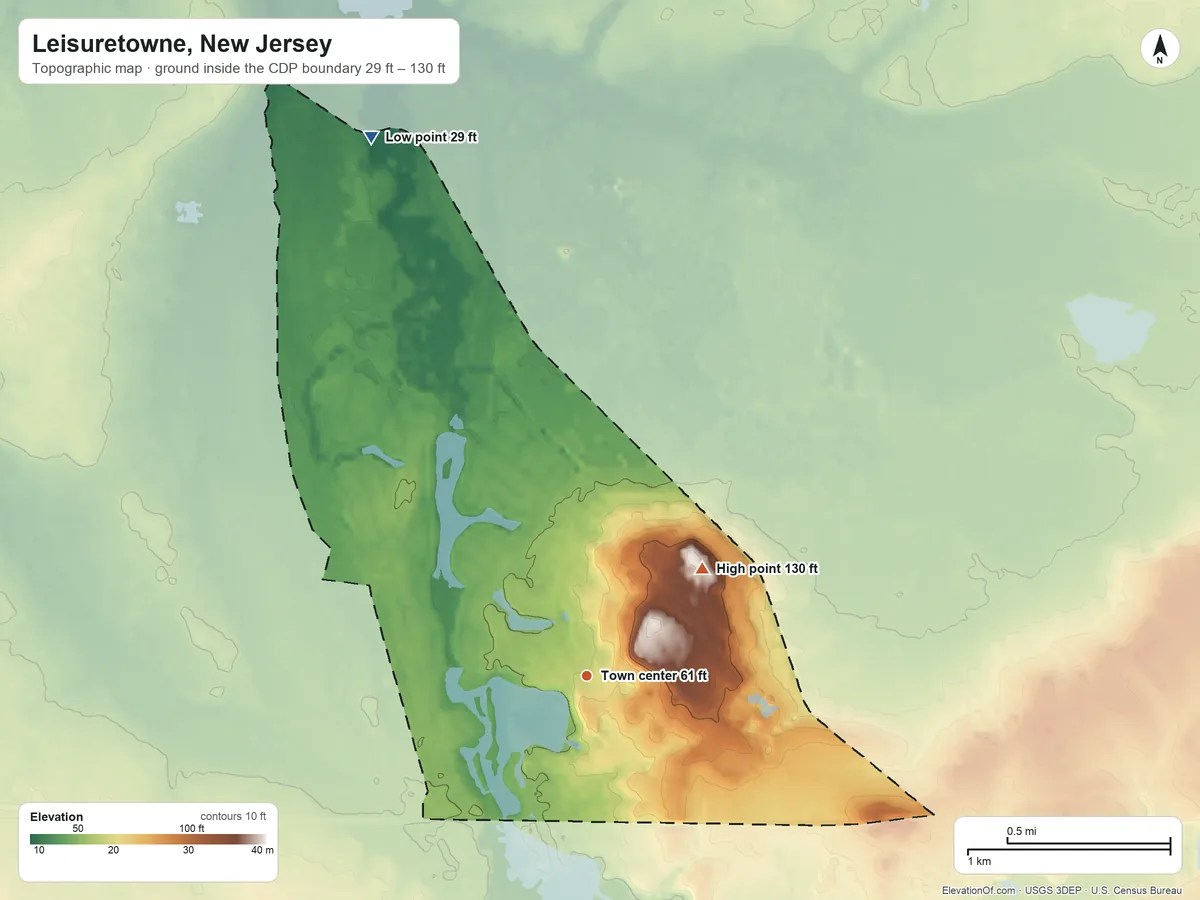 Topographic elevation map of Leisuretowne, New Jersey, shaded from 29 ft on the north side to 130 ft on Big Hill