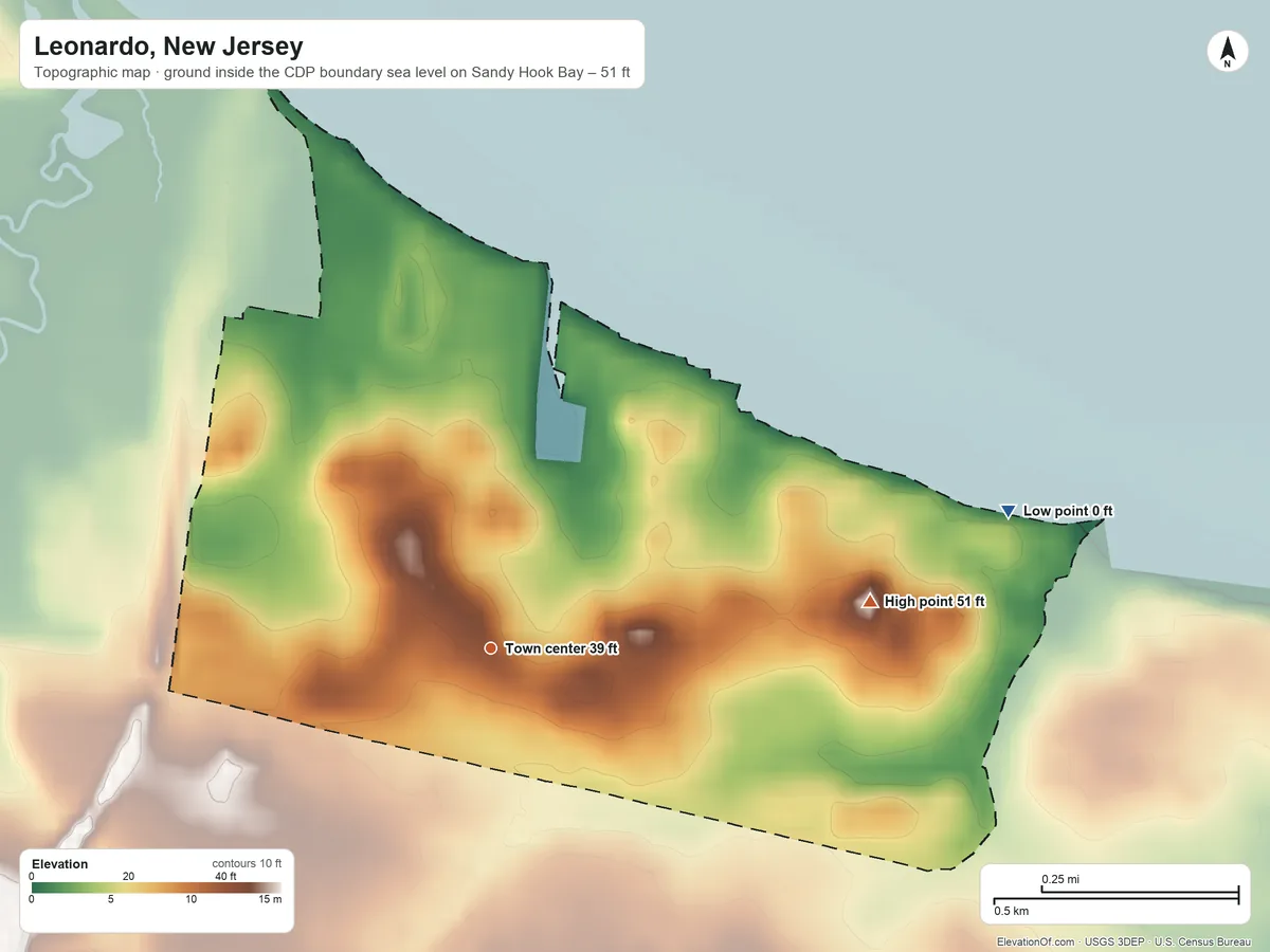 Topographic elevation map of Leonardo, New Jersey, shaded from sea level level on Sandy Hook Bay to 51 ft on the east side