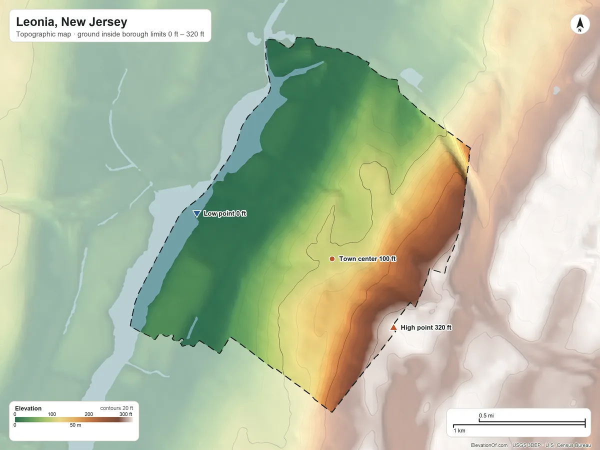 Topographic elevation map of Leonia, New Jersey, shaded from 0 ft on the west side to 320 ft on the southeast side