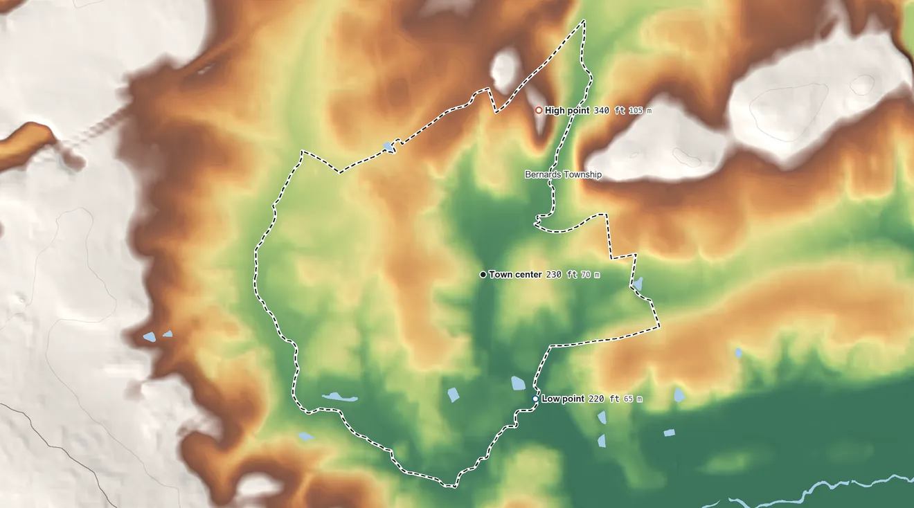 Topographic elevation map of Liberty Corner, New Jersey, shaded from 220 ft on the southeast side to 340 ft on the north side