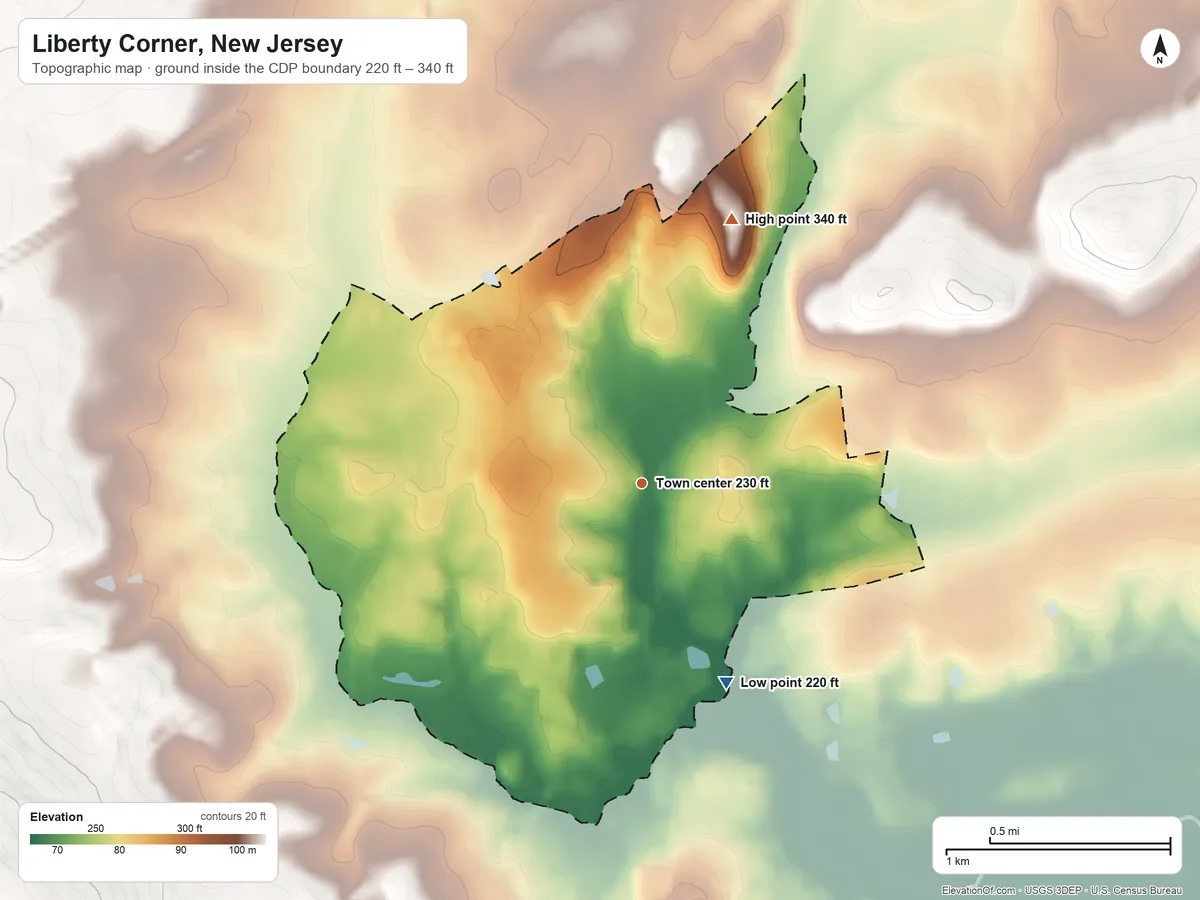 Topographic elevation map of Liberty Corner, New Jersey, shaded from 220 ft on the southeast side to 340 ft on the north side