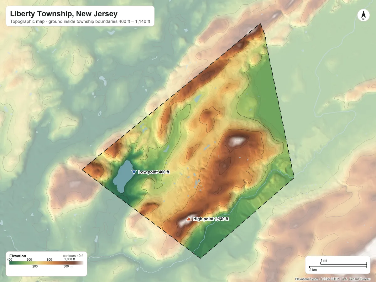 Topographic elevation map of Liberty Township, New Jersey, shaded from 400 ft on the southwest side to 1,140 ft on Mount Mohepinoke