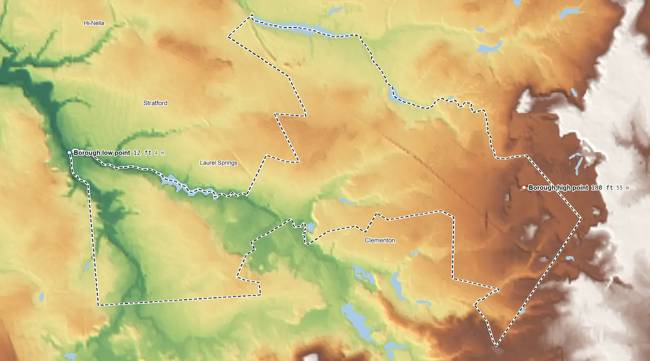 Topographic elevation map of Lindenwold, New Jersey, shaded from 12 ft on the west side to 180 ft on the east side