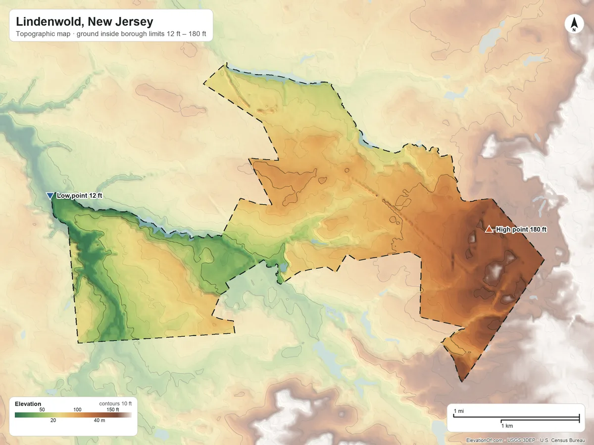 Topographic elevation map of Lindenwold, New Jersey, shaded from 12 ft on the west side to 180 ft on the east side