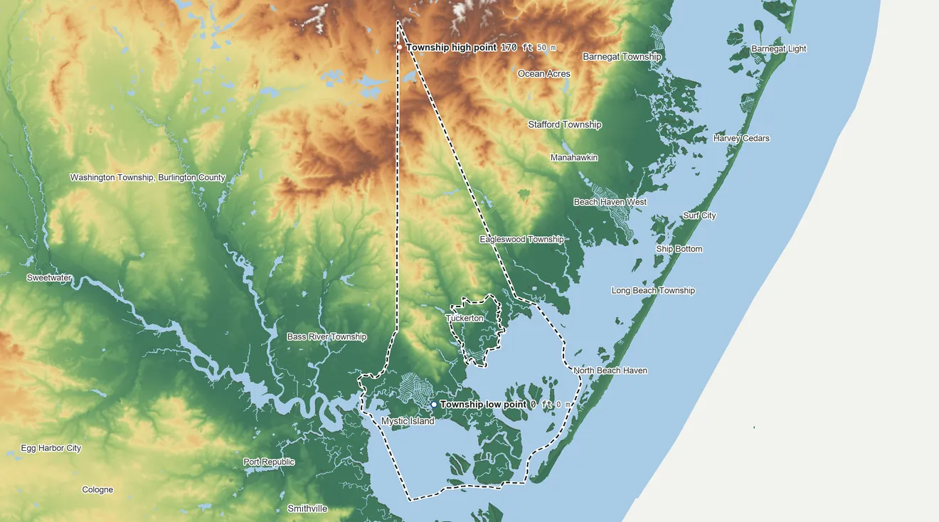 Topographic elevation map of Little Egg Harbor Township, New Jersey, shaded from sea level level on Great Bay to 170 ft on the north side