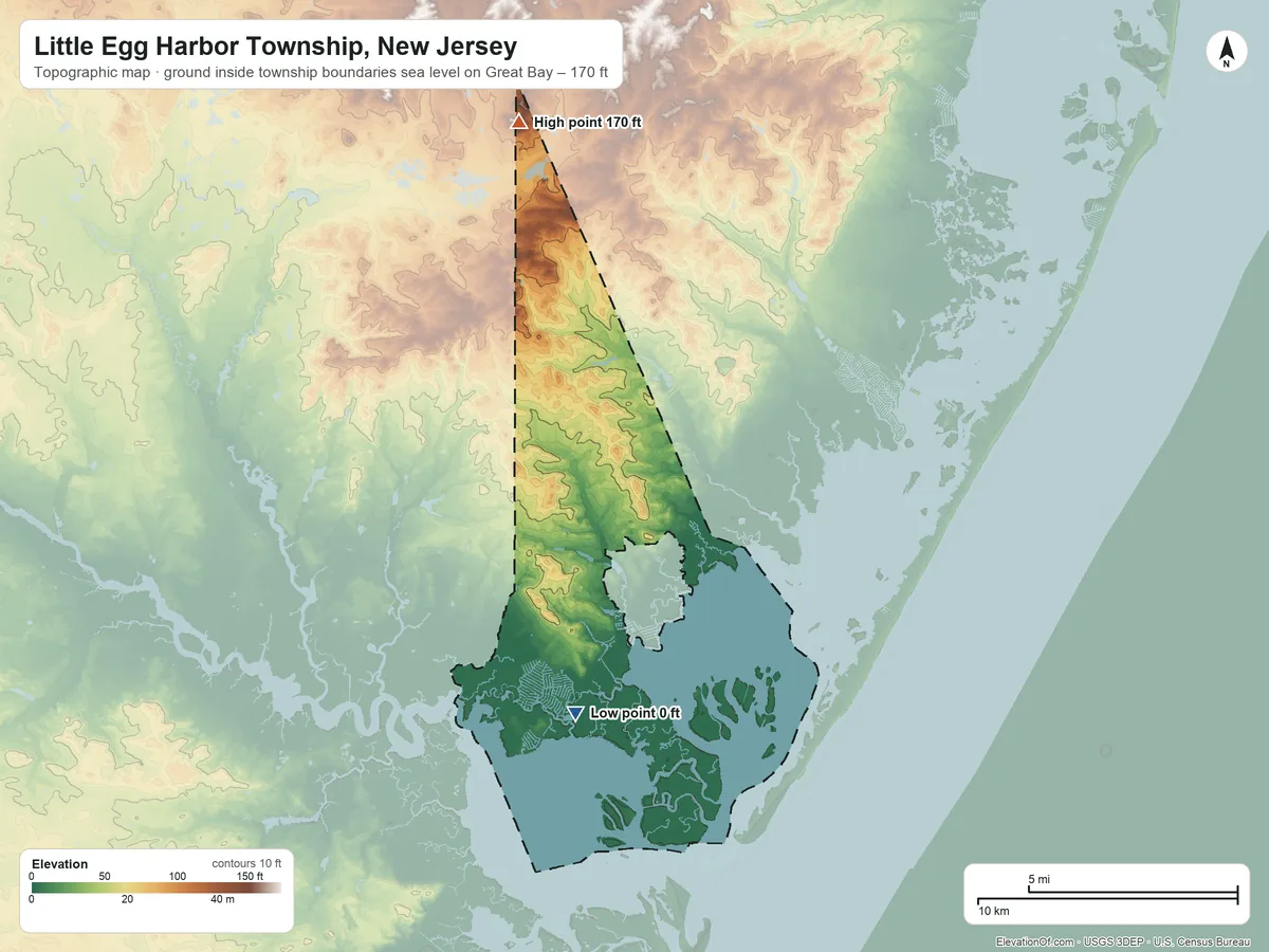 Topographic elevation map of Little Egg Harbor Township, New Jersey, shaded from sea level level on Great Bay to 170 ft on the north side