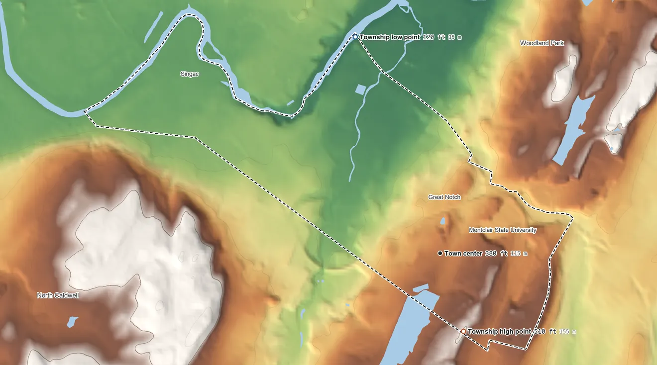Topographic elevation map of Little Falls Township, New Jersey, shaded from 120 ft on the north side to 510 ft on the south side