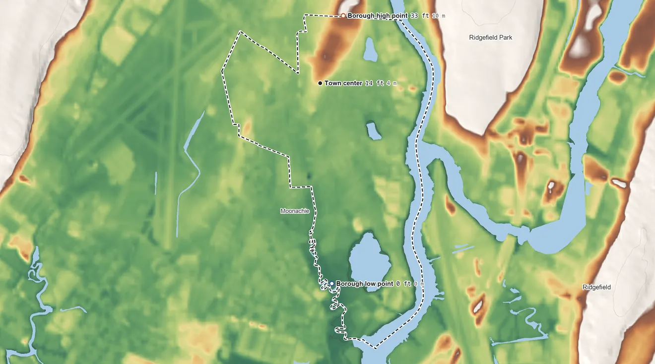 Topographic elevation map of Little Ferry, New Jersey, shaded from 0 ft on the south side to 33 ft on the north side