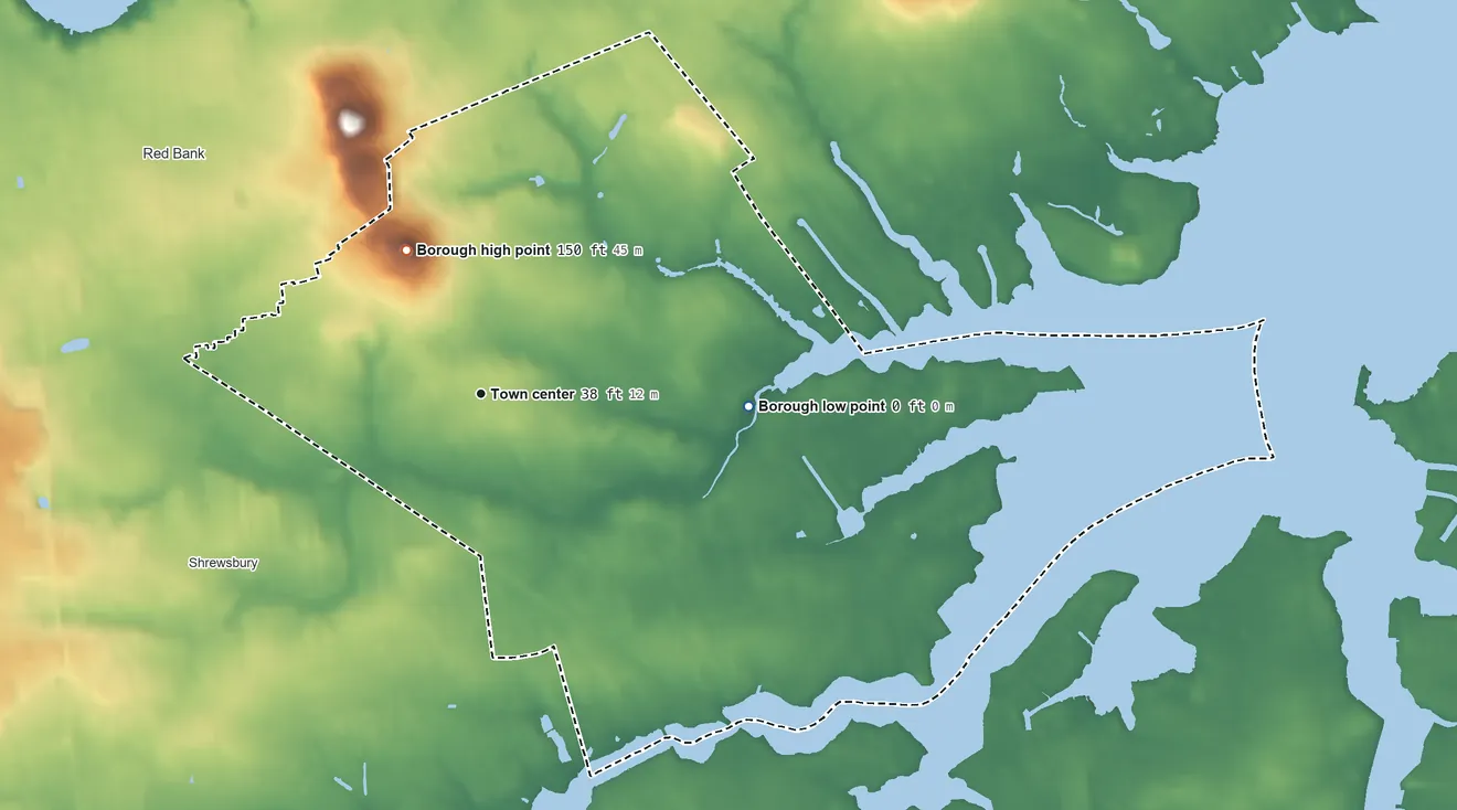 Topographic elevation map of Little Silver, New Jersey, shaded from 0 ft on the east side to 150 ft on the northwest side