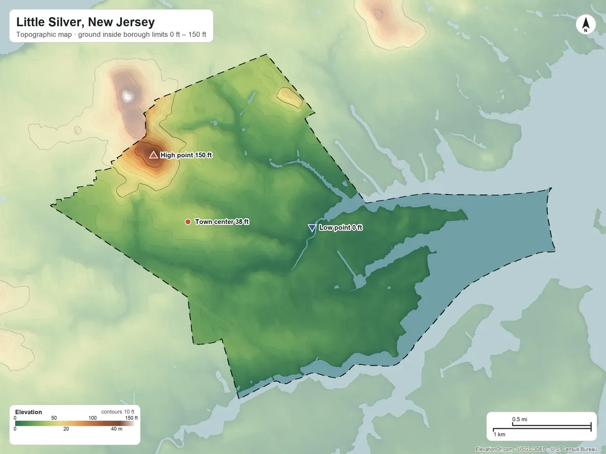 Topographic elevation map of Little Silver, New Jersey, shaded from 0 ft on the east side to 150 ft on the northwest side
