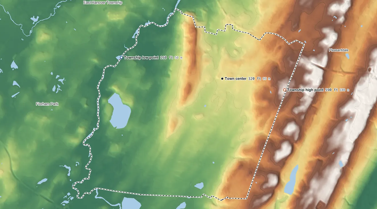 Topographic elevation map of Livingston Township, New Jersey, shaded from 160 ft on the west side to 590 ft on the east side