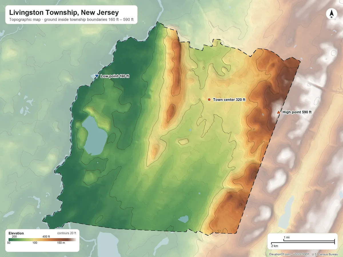Topographic elevation map of Livingston Township, New Jersey, shaded from 160 ft on the west side to 590 ft on the east side