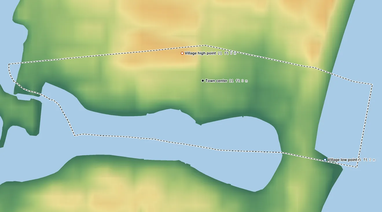 Topographic elevation map of Loch Arbour, New Jersey, shaded from 5 ft on the southeast side to 21 ft near the middle