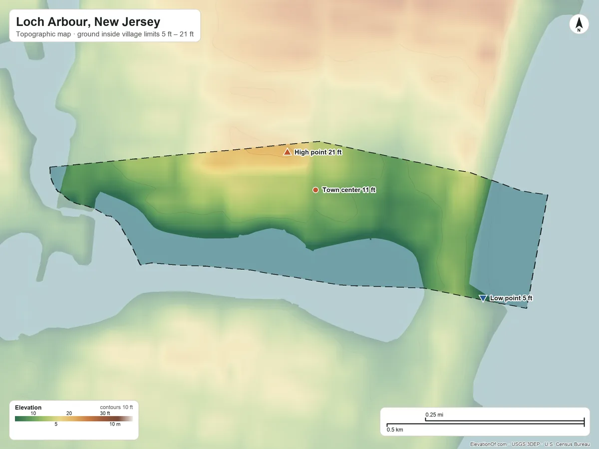 Topographic elevation map of Loch Arbour, New Jersey, shaded from 5 ft on the southeast side to 21 ft near the middle