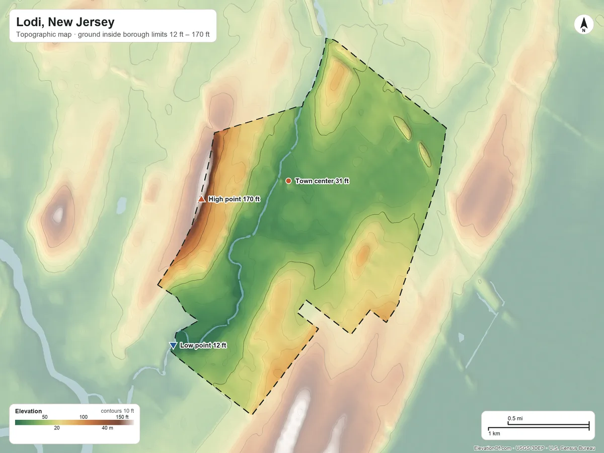 Topographic elevation map of Lodi, New Jersey, shaded from 12 ft on the southwest side to 170 ft on the west side