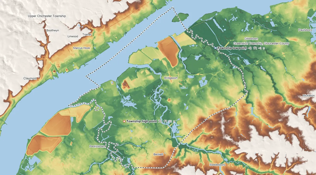 Topographic elevation map of Logan Township, New Jersey, shaded from −2 ft on the northeast side to 71 ft on the northwest side
