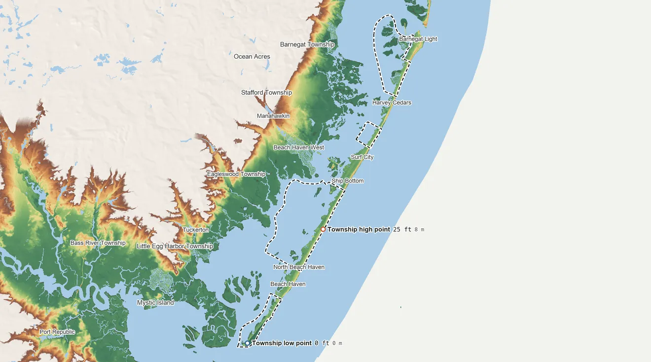 Topographic elevation map of Long Beach Township, New Jersey, shaded from sea level level on Little Egg Harbor to 25 ft near the middle