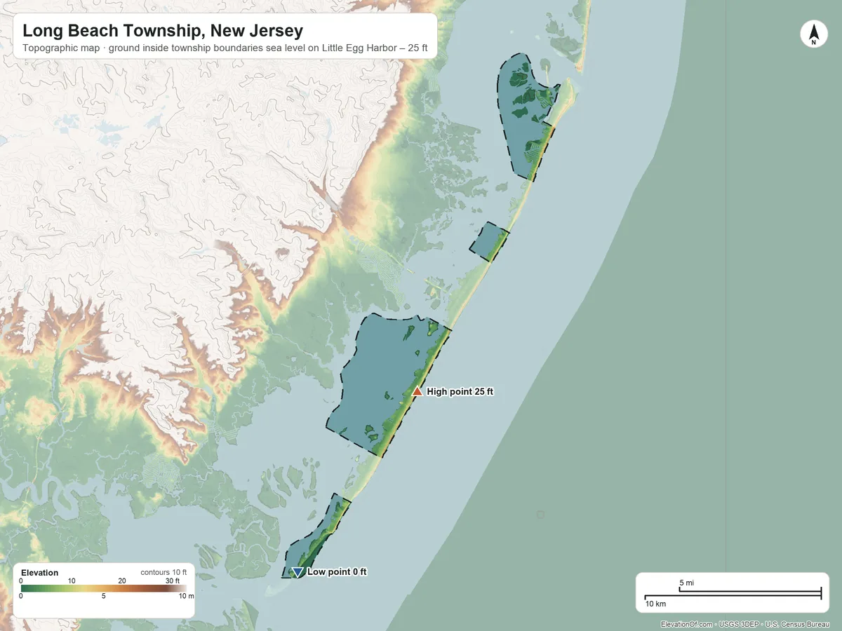 Topographic elevation map of Long Beach Township, New Jersey, shaded from sea level level on Little Egg Harbor to 25 ft near the middle