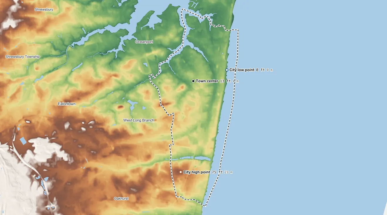 Topographic elevation map of Long Branch, New Jersey, shaded from sea level level on the Atlantic Ocean to 75 ft on the south side