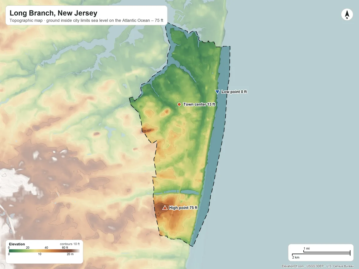 Topographic elevation map of Long Branch, New Jersey, shaded from sea level level on the Atlantic Ocean to 75 ft on the south side