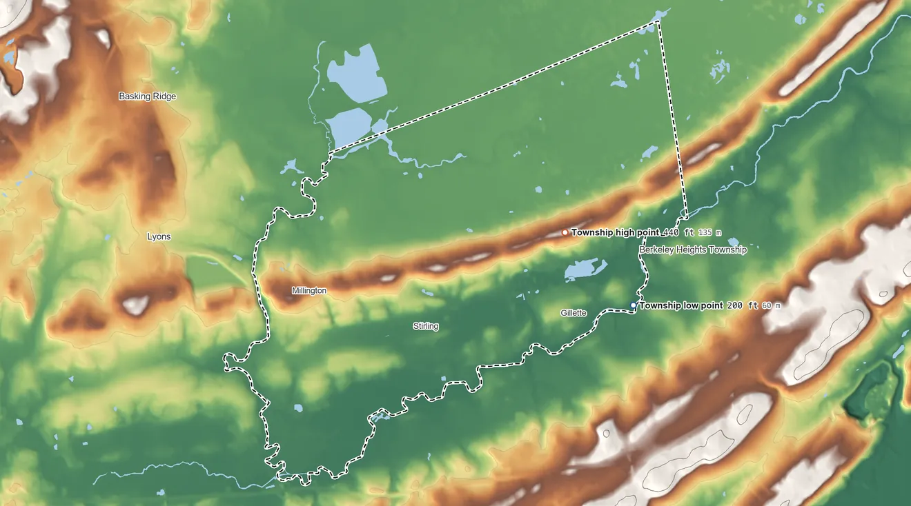 Topographic elevation map of Long Hill Township, New Jersey, shaded from 200 ft on the east side to 440 ft on the east side