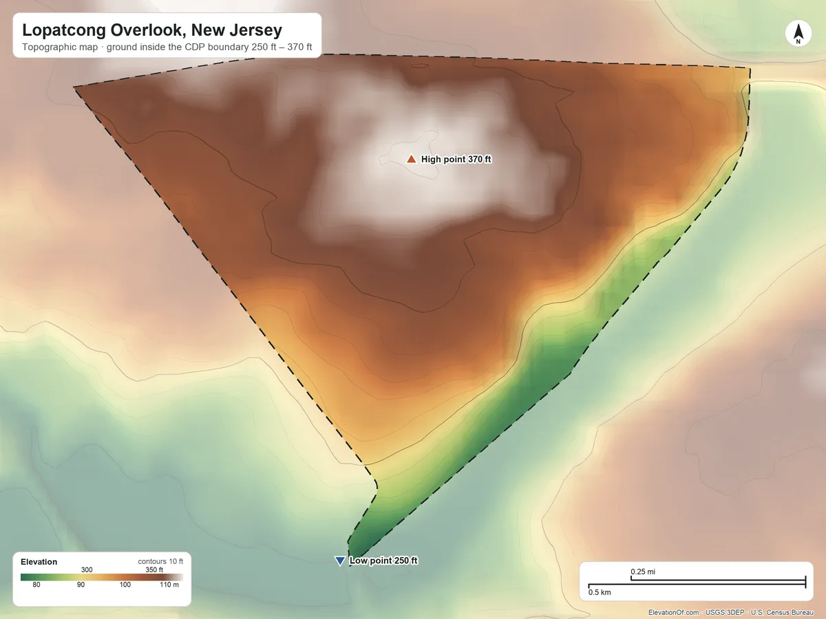 Topographic elevation map of Lopatcong Overlook, New Jersey, shaded from 250 ft on the south side to 370 ft on the north edge, below higher ground just outside