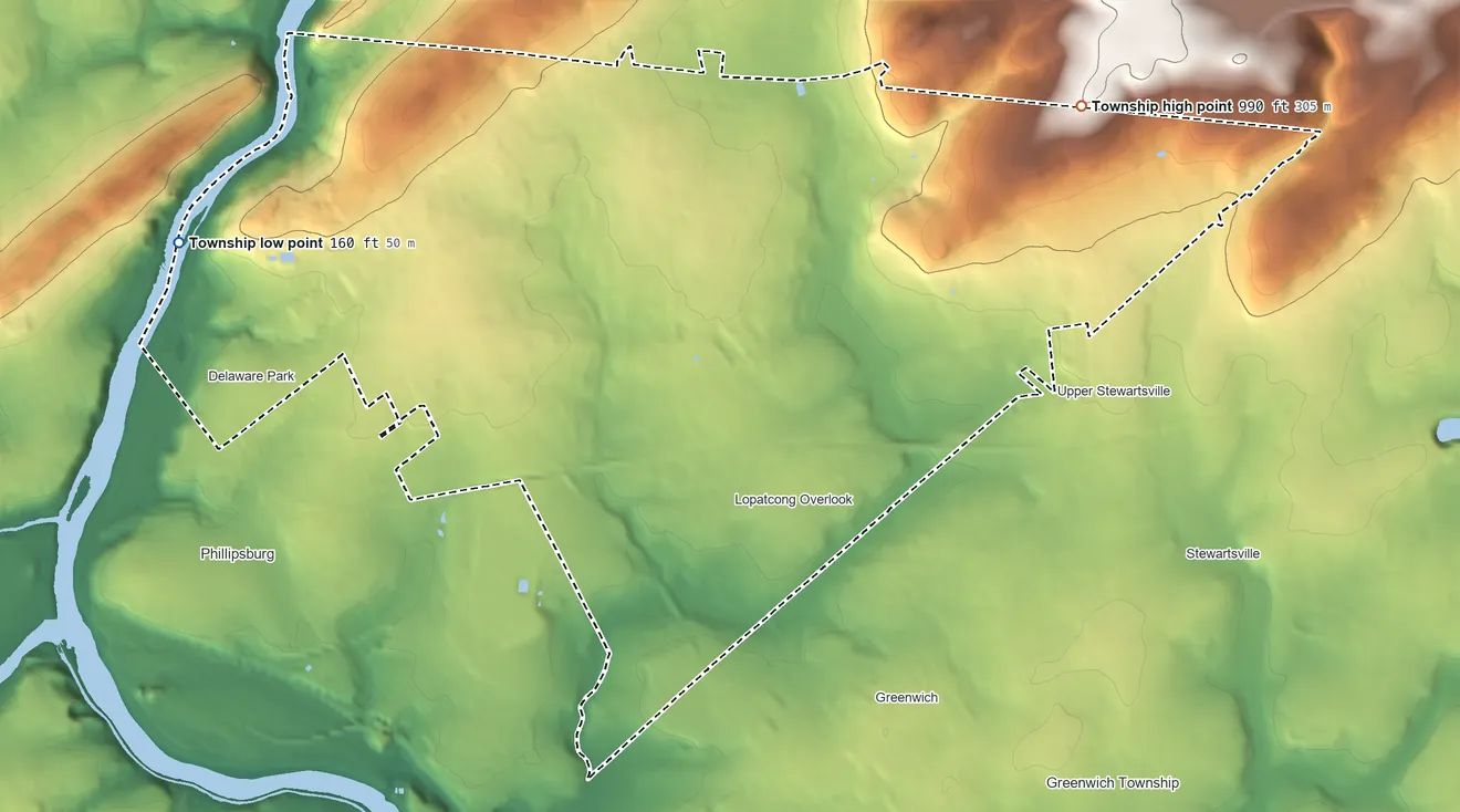 Topographic elevation map of Lopatcong Township, New Jersey, shaded from 160 ft on the west side to 990 ft on the northeast side