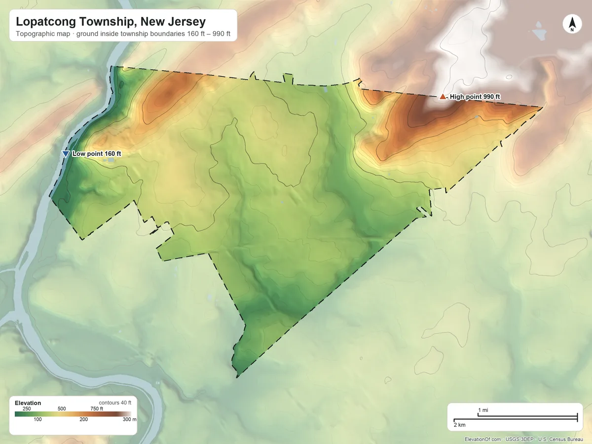 Topographic elevation map of Lopatcong Township, New Jersey, shaded from 160 ft on the west side to 990 ft on the northeast side
